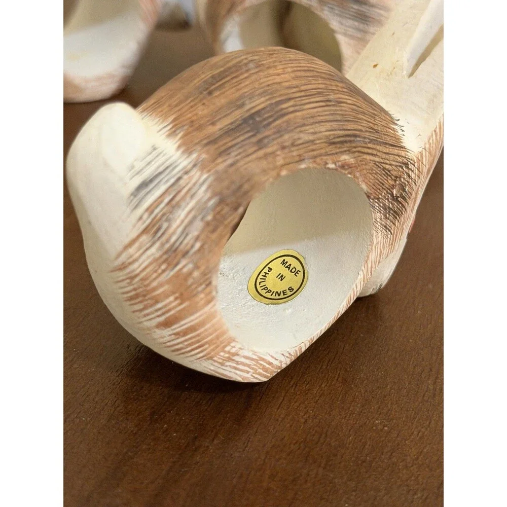 Vintage Hand Carved Wood Bunny Rabbit Napkin Rings Set of 4 Painted Philippines